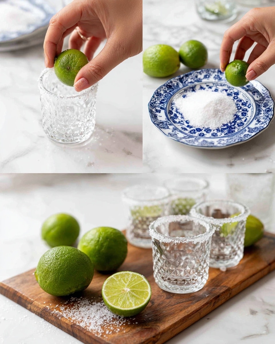 The image shows three steps for preparing a glass with a salted rim. On the left, a woman's hand is holding a clear, textured glass with a lime wedge on the rim, ready to rub the edge. In the middle, the same glass with the wet rim is being pressed onto a white plate with blue patterns filled with coarse salt, with two whole limes nearby on a wooden board. On the right, three clear glasses with salted rims are placed on the wooden board next to a few limes. The surface is a white marbled texture in all photos. Photo taken with an iphone --ar 4:5 --v 7