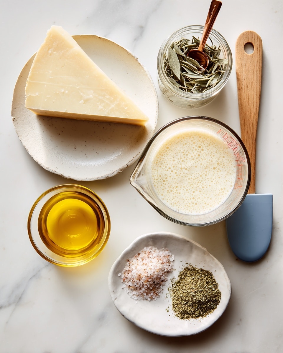 The image shows six ingredients placed on a white marbled surface. On the left, a white plate holds a triangular wedge of parmesan cheese with a smooth, hard texture and pale yellow color. Above it, a small jar contains dried sage leaves, with a copper measuring spoon resting inside. In the center, there is a clear glass measuring cup filled with a creamy, slightly bubbly sourdough starter. To the right, a small glass with golden yellow olive oil is visible. Below the measuring cup, a white dish holds two piles of seasoning: fine pink salt on the left and green Italian seasoning on the right. A wooden spatula with a blue silicone head lies diagonally across the back of the scene. The photo taken with an iphone --ar 4:5 --v 7