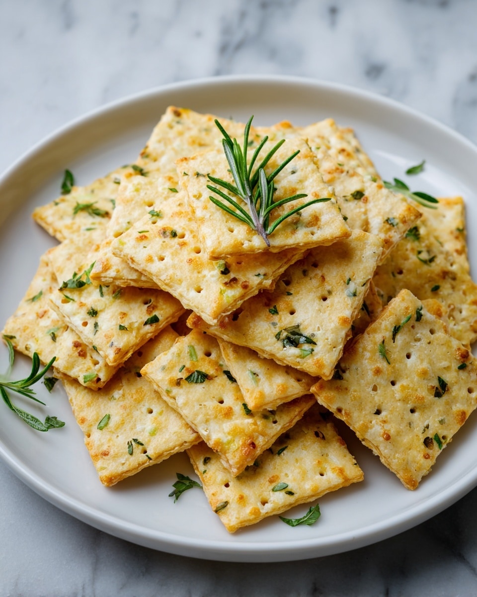A white plate filled with many square crackers stacked and slightly overlapping each other, the crackers are light brown with a textured surface that shows small seeds and herbs baked inside; scattered small green herb leaves are visible on some crackers. The whole scene is on a white marbled surface. photo taken with an iphone --ar 4:5 --v 7