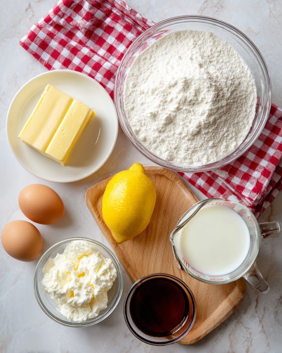 A top view of ingredients for a recipe arranged neatly on a white marbled surface, including a large glass bowl of white pancake mix sitting on a red and white checkered cloth, a white plate with a block of light yellow butter on the left, and smaller clear glass bowls containing two bright yellow eggs, smooth white ricotta cheese, and a little dark brown vanilla liquid. A bright yellow lemon sits between the bowls of ricotta cheese and milk, the milk being in a clear measuring cup showing a milky white liquid. The setup is clean and organized with a natural wooden board underneath some items. photo taken with an iphone --ar 4:5 --v 7