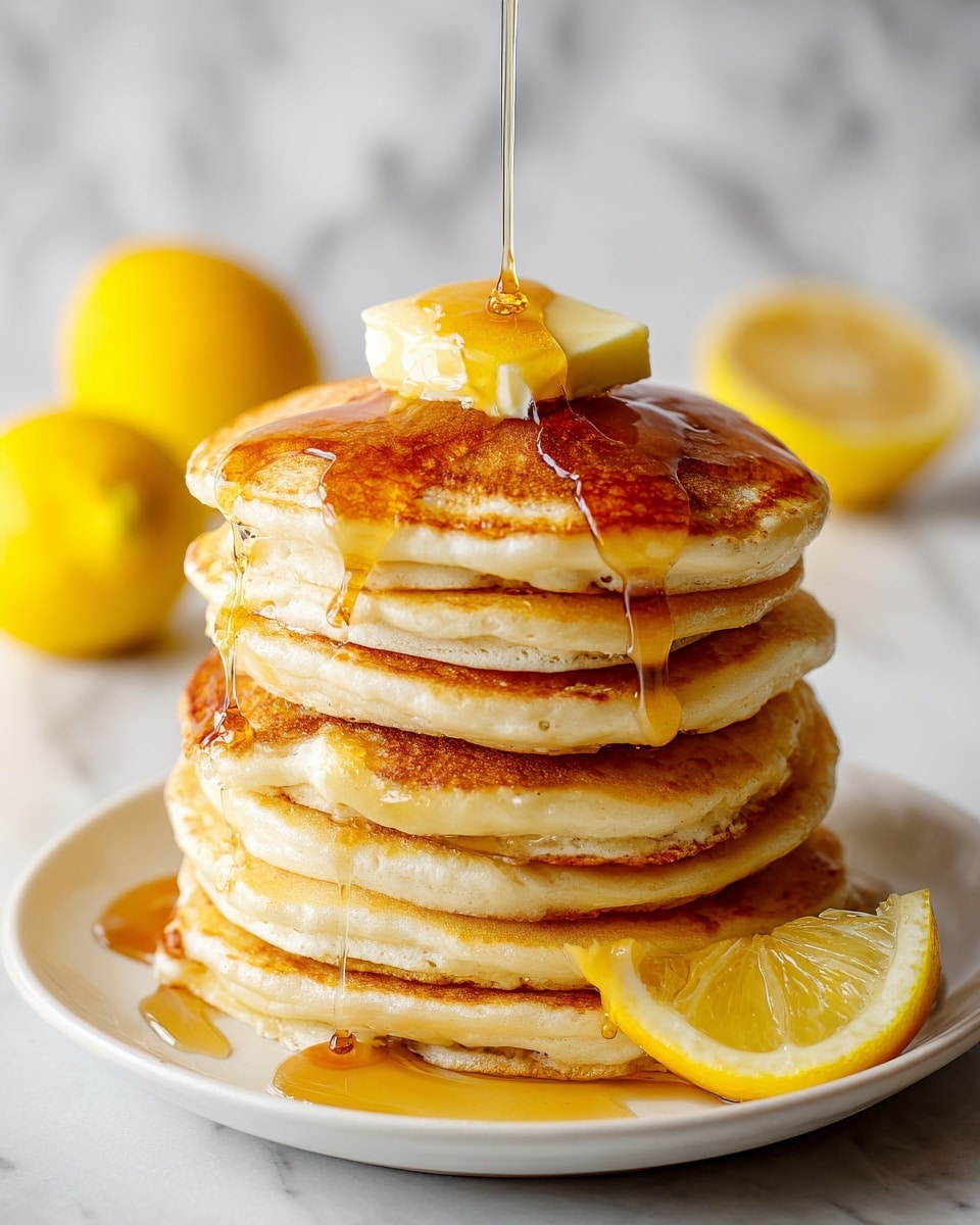 A close-up image shows a stack of six thick, golden-brown pancakes on a white plate, with syrup glistening on top. A silver fork holds a small section of two soft, fluffy pancakes with visible air holes and light brown edges. A small piece of melting butter sits on the pancakes in the background. The whole scene rests on a white marbled surface. Photo taken with an iphone --ar 4:5 --v 7