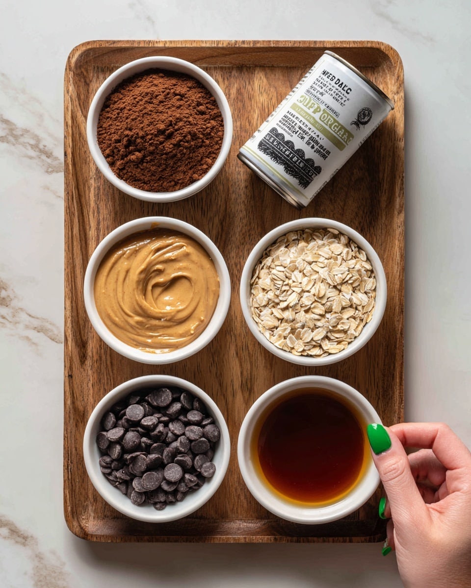 A wooden tray holds six small white bowls and one white can arranged in two rows on a white marbled surface. On the top left, a bowl is filled with dark brown cocoa powder with a slightly uneven texture. Next to it is a bowl with smooth, creamy light brown peanut butter. On the top right is a larger white bowl filled with pale beige rolled oats, each oat slightly curved and layered. Below the cocoa powder is a bowl containing dark amber maple syrup with a shiny and smooth surface. Next to it on the left is a bowl filled with small, flat, round dark chocolate chips. On the bottom right, a woman's hand with green nail polish holds a white can of organic black beans, which shows dark beans on the label. Photo taken with an iphone --ar 4:5 --v 7