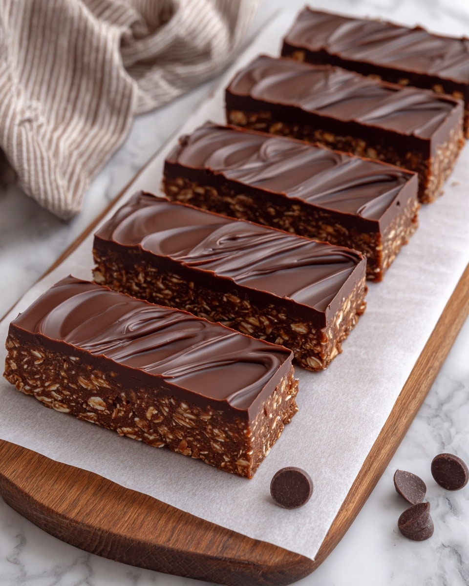 Five rectangular chocolate bars are neatly lined up on a white parchment paper placed over a wooden board. Each bar has two clear layers: a thick, dense, textured dark brown base mixed with oats and small bits, and a smooth, rich, glossy dark chocolate layer on top with light swirls. Two chocolate chips lay beside the bars on the parchment paper. The surface beneath the board is a white marbled texture, and a brown and white striped cloth is slightly visible in the background. Photo taken with an iphone --ar 4:5 --v 7