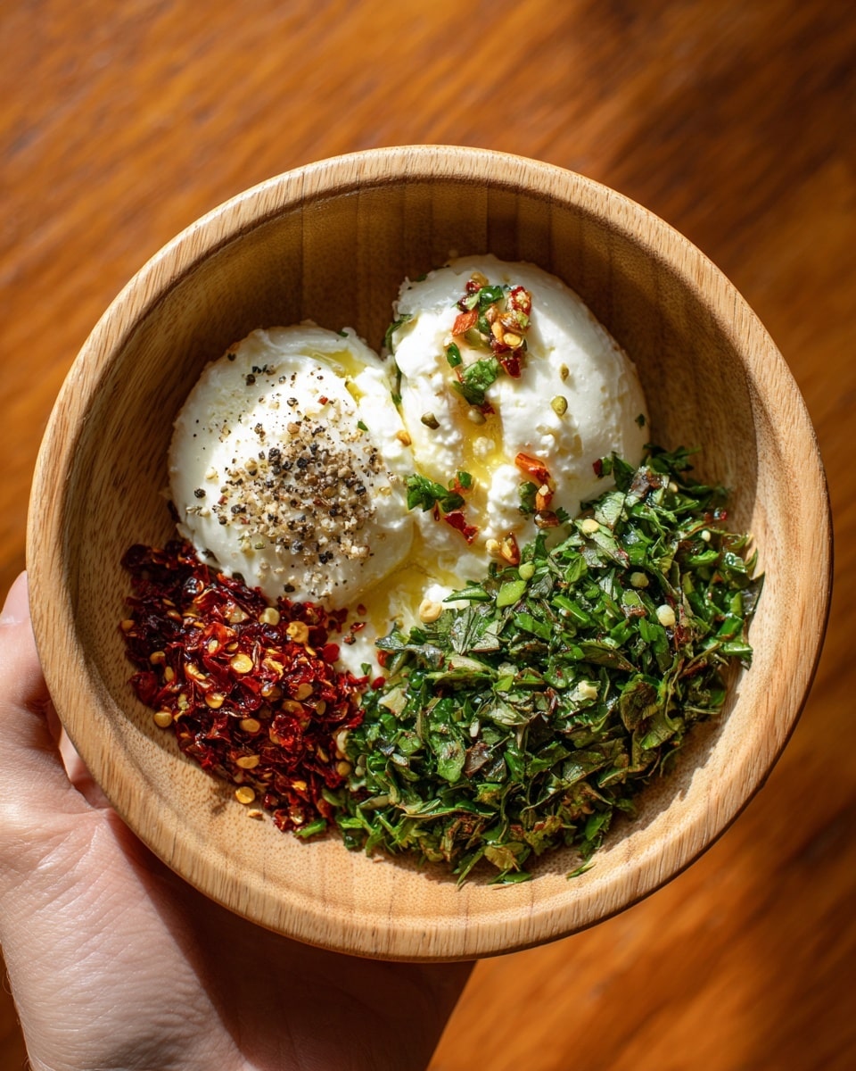 In a light wooden bowl, there are four main parts: a soft white cheese with a creamy texture on the left, sprinkled with some oil; next to it, a small heap of bright red chili flakes with tiny green herb pieces on top; a big pile of finely chopped fresh green herbs taking up the right side; and at the bottom left, the soft cheese mixed with black pepper sprinkled over it. The bowl is held by a woman's hand from the left side, and the background has a warm wooden tone. photo taken with an iphone --ar 4:5 --v 7
