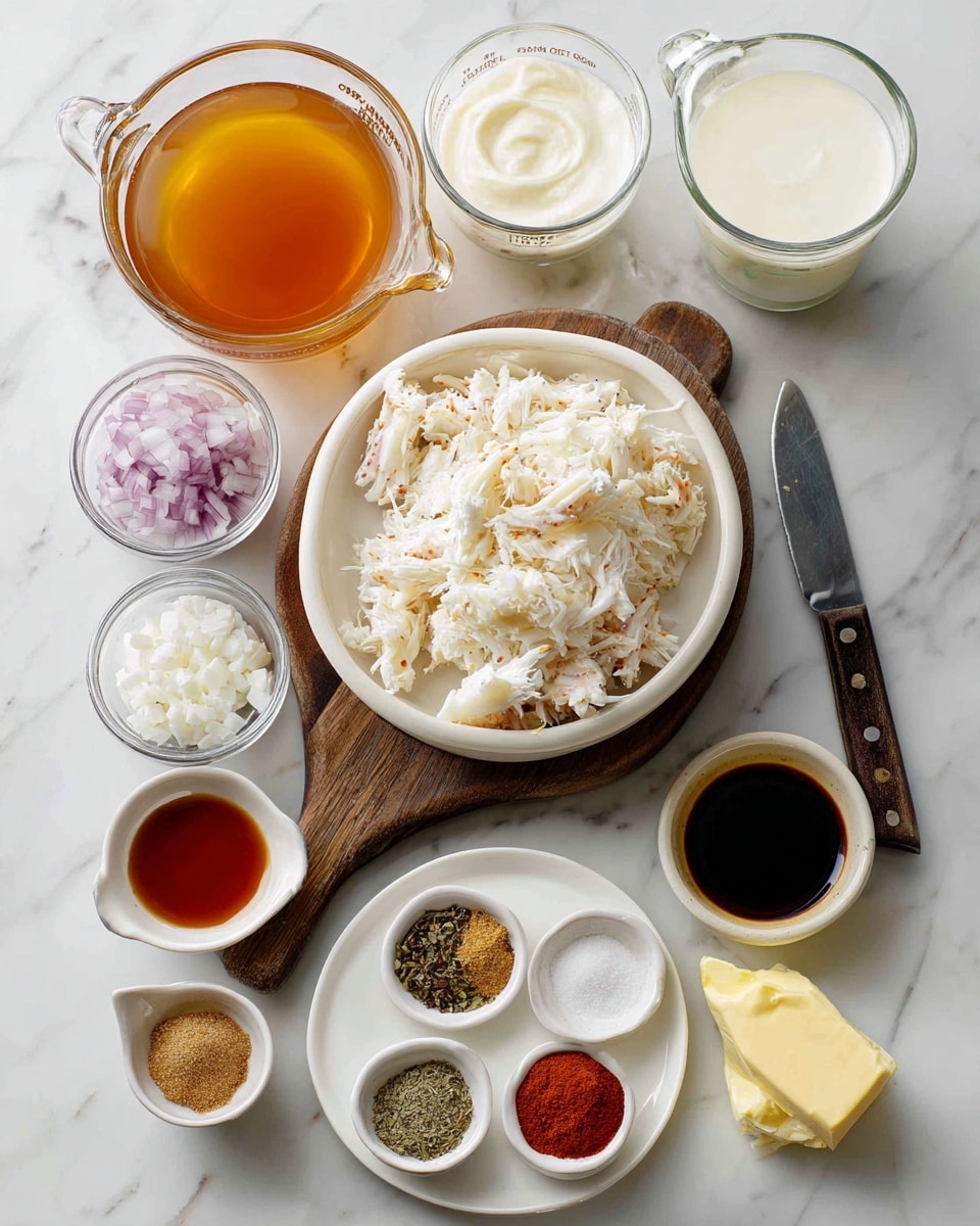 The image shows a wooden board with different ingredients in small bowls and containers arranged neatly on a white marbled surface. At the center, there is a white bowl filled with lump crab meat, creamy white with a soft, shredded texture. Next to it are two clear glass measuring cups, one filled with heavy whipping cream, an off-white liquid, and the other with whole milk, a smooth white liquid. A clear glass measuring cup contains orange-brown fish stock. Small clear glass bowls hold finely chopped shallots with a pale purple and white appearance, and white flour. Three small white ramekins contain amber-colored sherry, dark amber cognac, and a dark brown Worcestershire sauce. A small white plate holds several seasonings, including white sugar, bright red paprika, white salt, brown thyme, black pepper, and a green bay leaf. There is a small pat of yellow butter next to a few peeled garlic cloves, near a knife with a dark wooden handle. The whole setup is clean, organized, and set on a white marbled background. Photo taken with an iphone --ar 4:5 --v 7