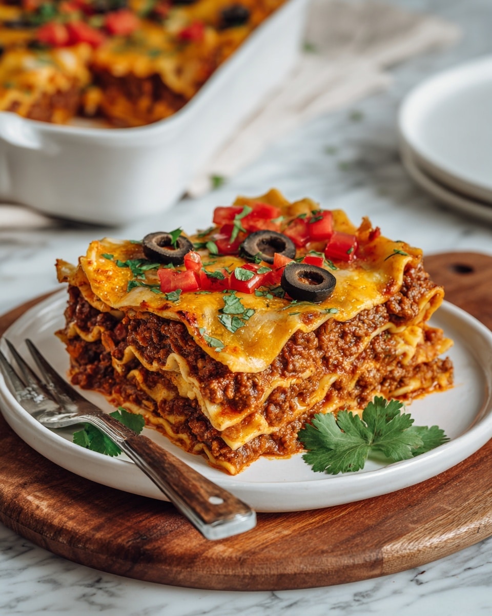 The dish is a baked casserole with three visible layers inside a white baking dish. The bottom layer is a rich brown sauce or meat mix, covered by a thick, melted layer of yellow and white cheese with a smooth and slightly browned texture. On top, there are scattered black olive slices evenly spread across the cheese, adding a contrasting dark color. The edges of the casserole show a slight bubbling and browning effect. The entire dish rests on a white marbled surface. photo taken with an iphone --ar 4:5 --v 7