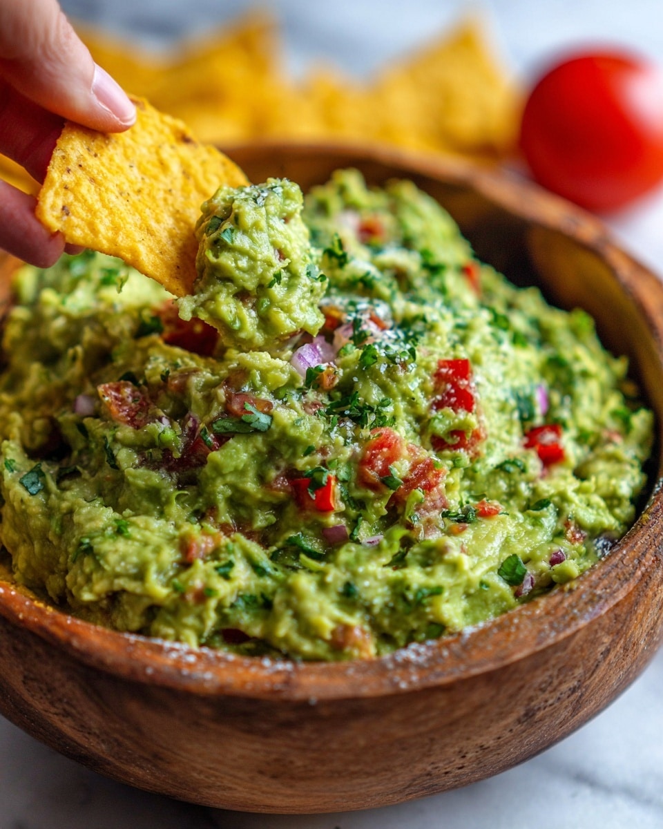 A close-up image shows a wooden bowl filled with chunky green guacamole layered with small pieces of red tomatoes, green peppers, and purple onions, topped with finely chopped green herbs, placed on a white marbled surface. In the foreground, a woman's hand holds a yellow corn chip dipped into the guacamole, with more yellow corn chips and a red tomato blurred in the background. The texture of the guacamole looks creamy with some small chunks for added texture. Photo taken with an iphone --ar 4:5 --v 7