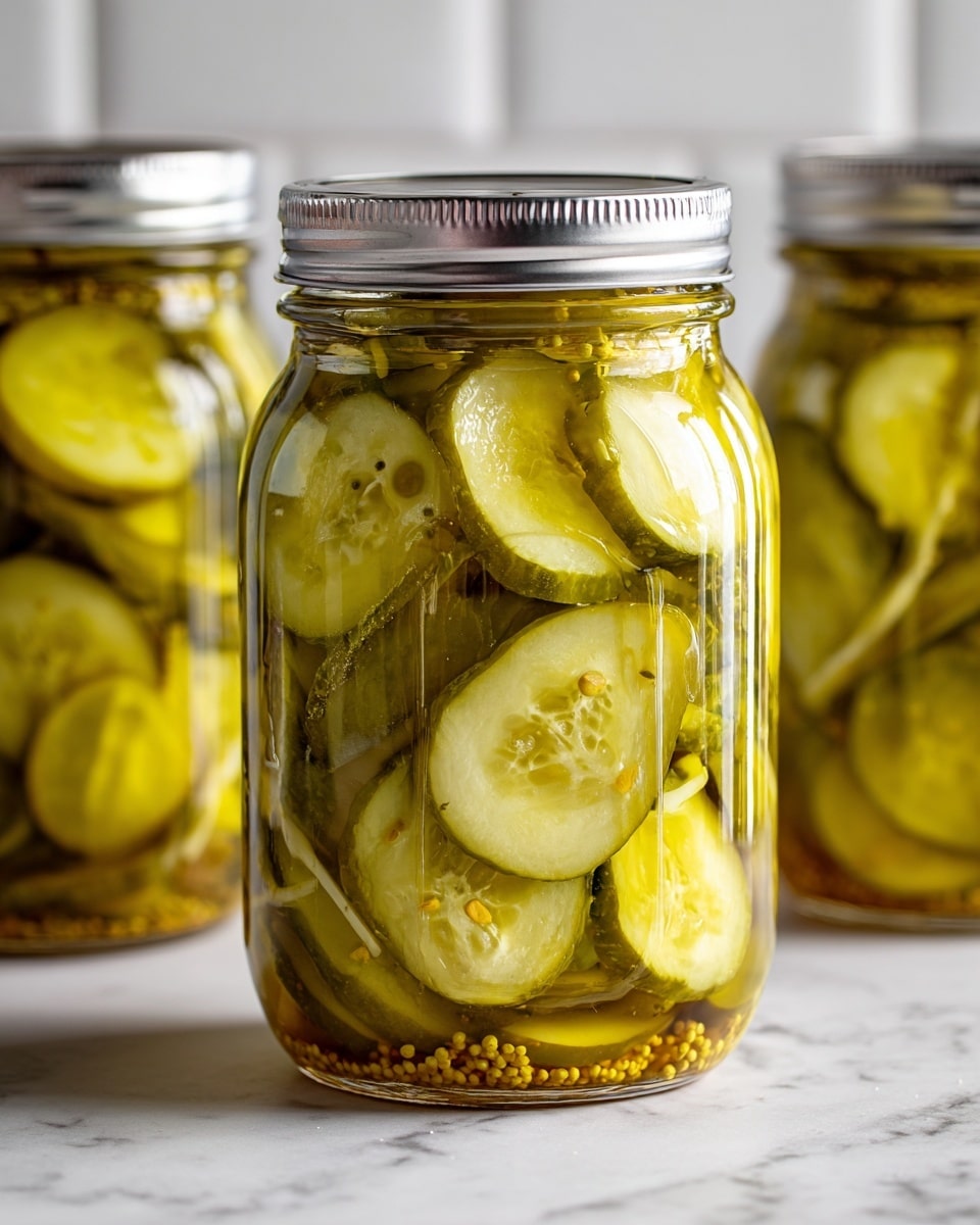 A close-up photo shows a glass jar full of thin sliced pickles in yellowish brine with small yellow mustard seeds floating around. The jar has a silver metal lid on top, held by a woman's hand with fingers gripping the sides gently. The pickles inside have a mix of bright green and yellow shades with visible textures of seeds and cucumber skin. The background is softly blurred with a white marbled surface and another similar jar slightly out of focus. photo taken with an iphone --ar 4:5 --v 7