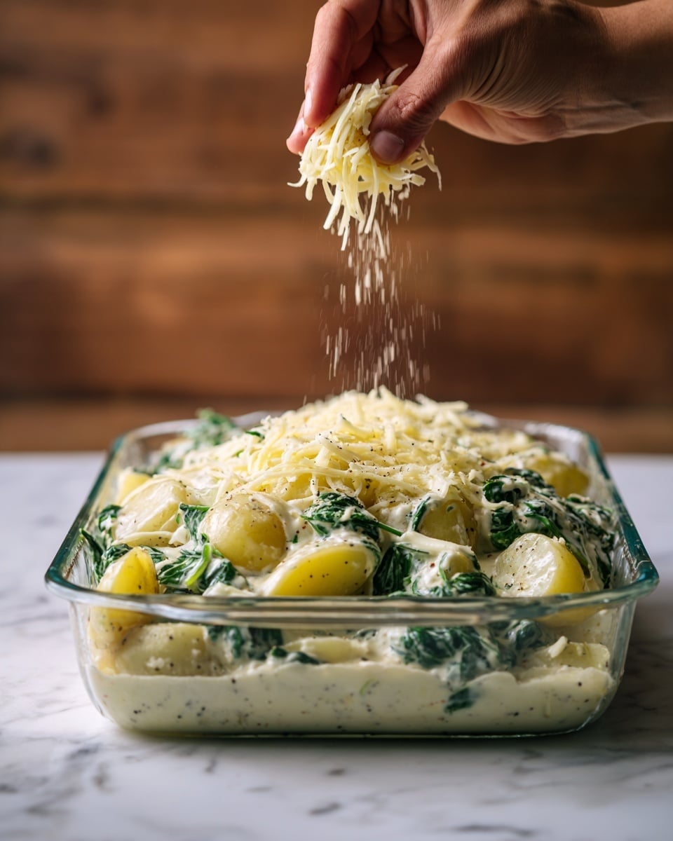 A clear rectangular baking dish on a white marbled surface holds a creamy potato and spinach mixture. The dish has two main layers: the bottom layer consists of pale yellow potato chunks mixed with dark green spinach leaves coated in creamy white sauce with visible specks of black pepper, and the top layer is a thick pile of shredded pale yellow cheese being sprinkled evenly by a woman's hands from above. The background is blurred showing a wooden texture. photo taken with an iphone --ar 4:5 --v 7