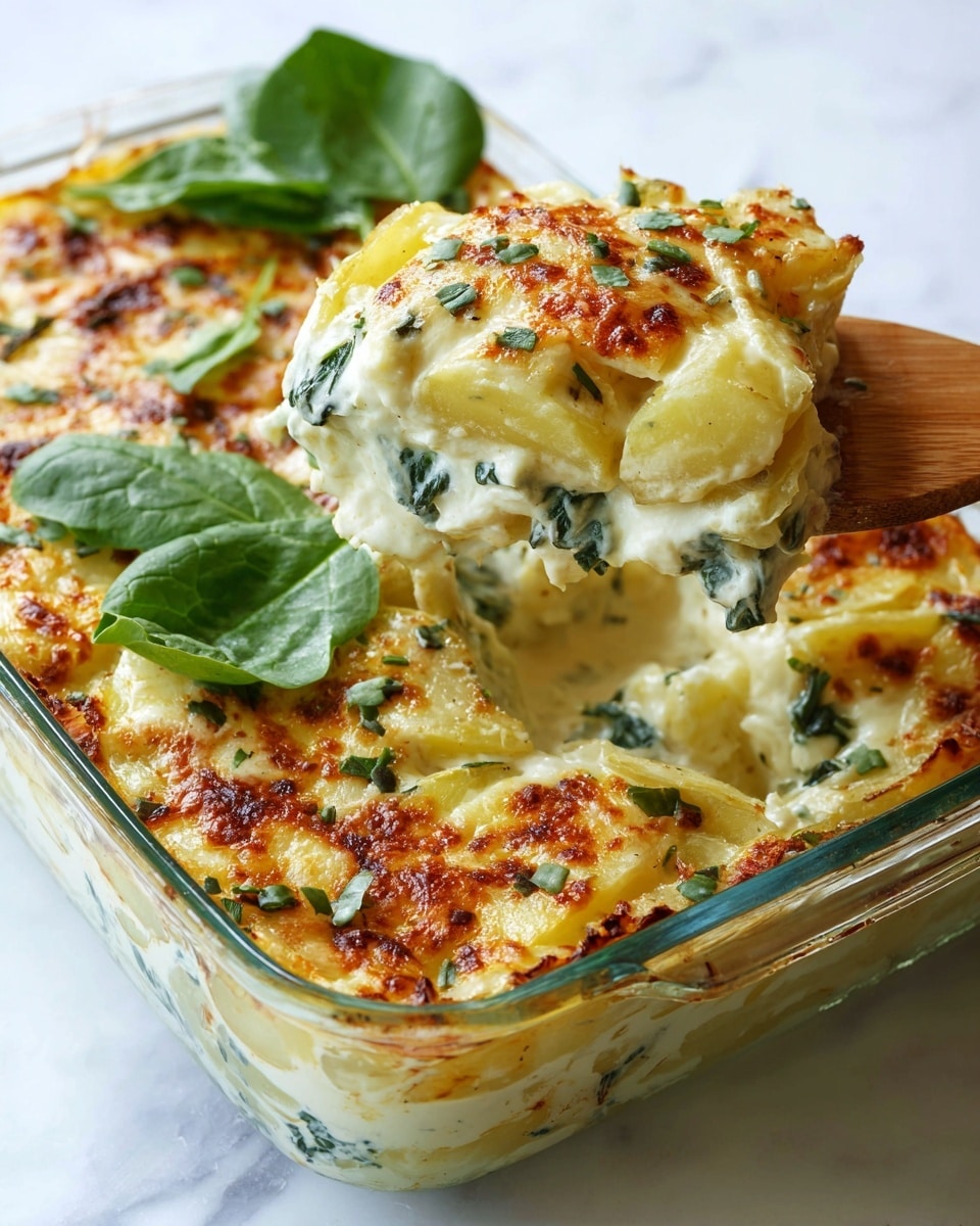 A glass baking dish filled with a layered potato casserole. The top layer is golden brown with melted cheese and small green herb pieces scattered across. Below the cheese, there is a creamy white sauce mixed with chopped spinach that shows through in some parts. The potato chunks are soft and yellowish, slightly browned at the edges. A wooden spatula lifts some of the casserole, revealing the creamy texture and layers underneath. A few fresh spinach leaves rest on top of the casserole near the edge. The dish sits on a white marbled surface. Photo taken with an iphone --ar 4:5 --v 7