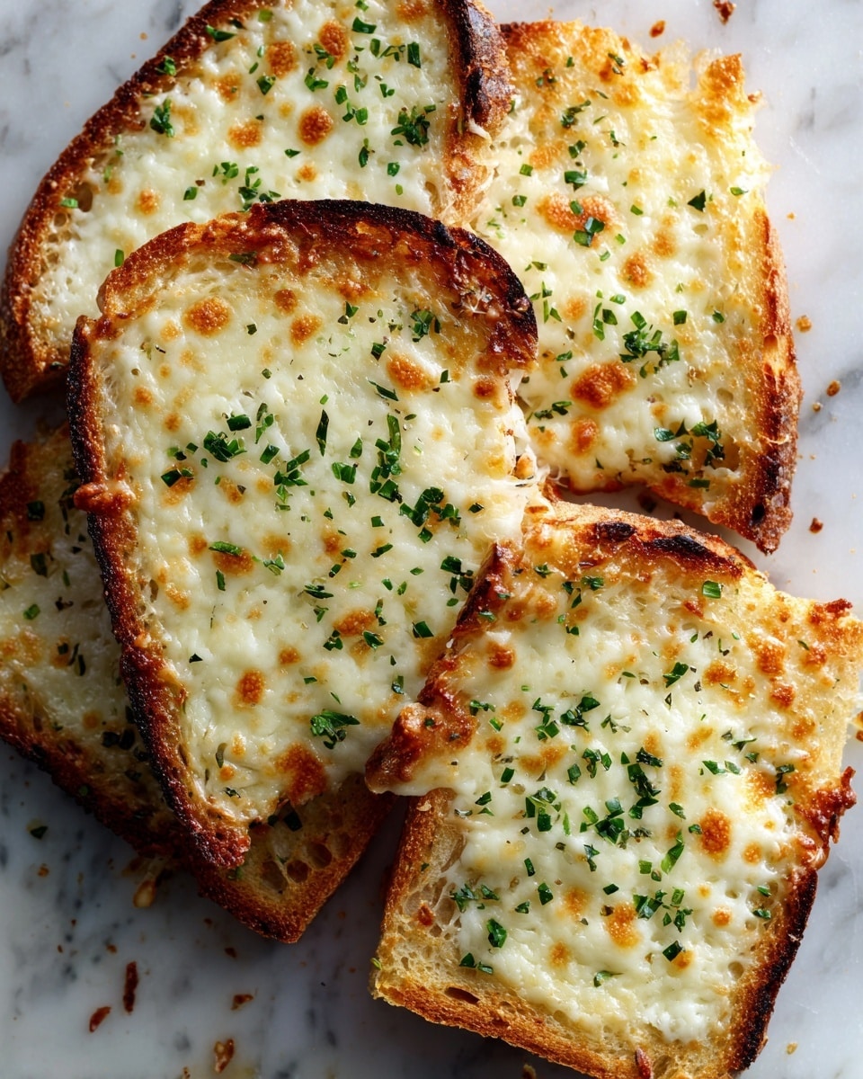 The image shows thick slices of toasted bread covered with a thick layer of melted cheese that is golden brown on top and stretchy in some parts. The bread is light beige with a crispy crust darker brown on the edges, and the cheese layer has sprinkled small green herbs on top. The slices are placed close together on a white marbled surface, with some crumbs visible around them. Photo taken with an iphone --ar 4:5 --v 7