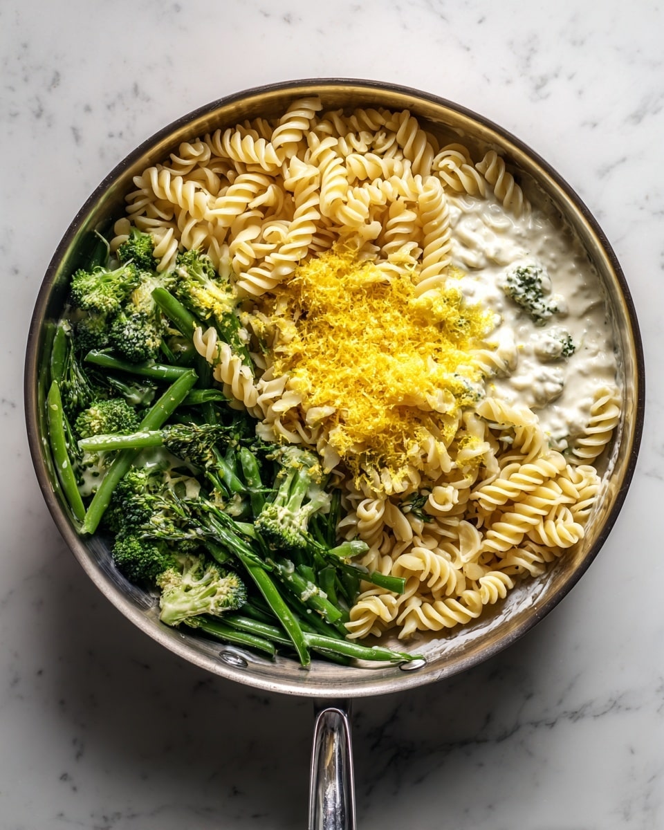 The image shows a cooking process in a shiny silver pan on a stove with a white marbled background. First layer consists of bright green vegetables with a mix of textures, including smooth long beans and some broccoli-like florets, spread evenly in the pan. In the next step, a large portion of pale yellow spiral pasta is added on top of the green vegetables, creating a soft, curled texture layer that covers the greens well. Another layer follows as a creamy white sauce is poured over the pasta, thick and smooth in consistency. Finally, a hand grates a bright yellow zest, likely a lemon, finely over the sauce, adding a thin, feathery layer of zest on top of the creamy white sauce and pale yellow pasta with green vegetables peeking from beneath. Photo taken with an iphone --ar 4:5 --v 7