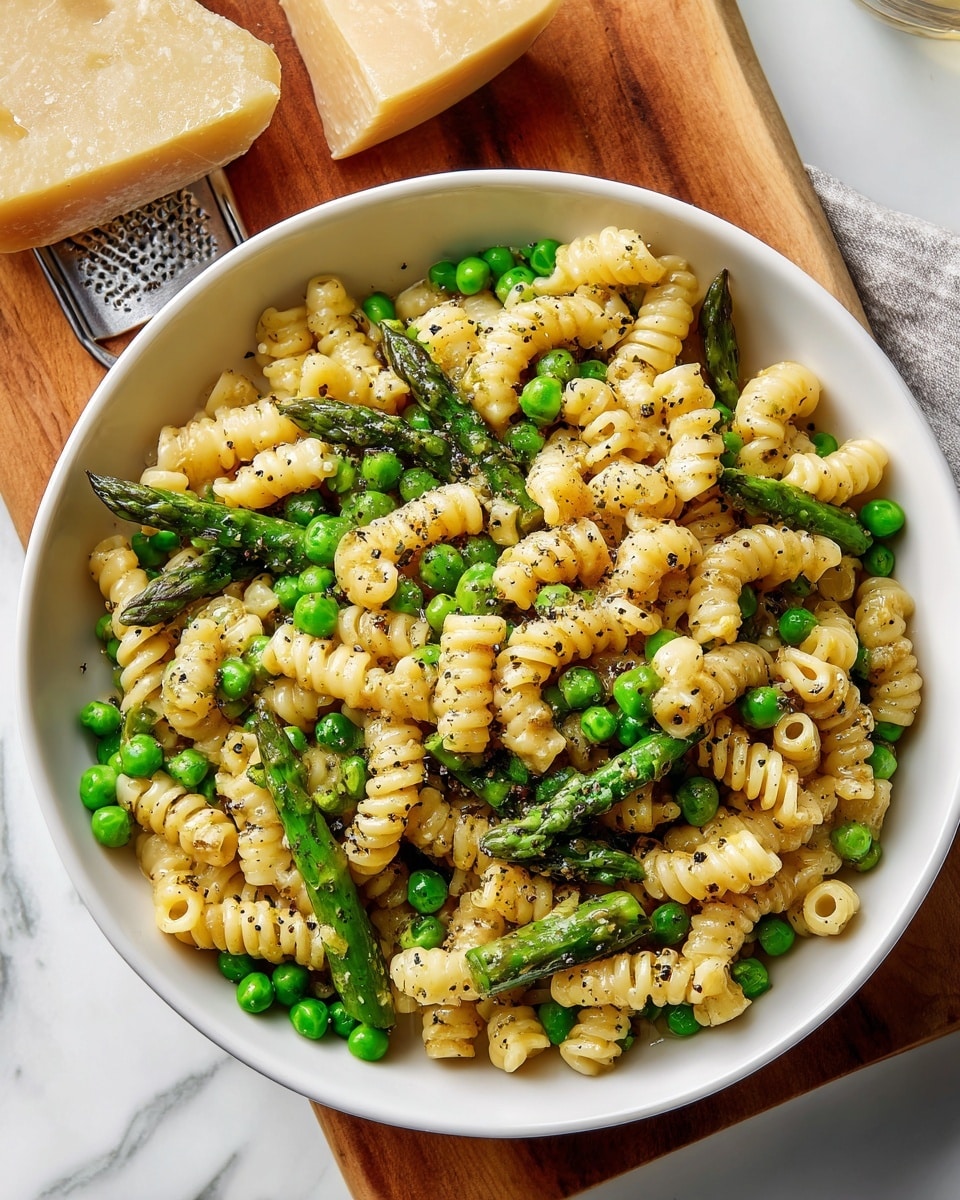 A white bowl filled with curly pasta mixed with bright green peas and asparagus pieces, all coated lightly with oil and black pepper. The pasta looks soft and the asparagus is cut into small sticks with a fresh texture. The peas are whole and scattered evenly through the dish. The bowl is placed on a white marbled surface next to a wooden board with a cheese grater and a large piece of cheese. Photo taken with an iphone --ar 4:5 --v 7