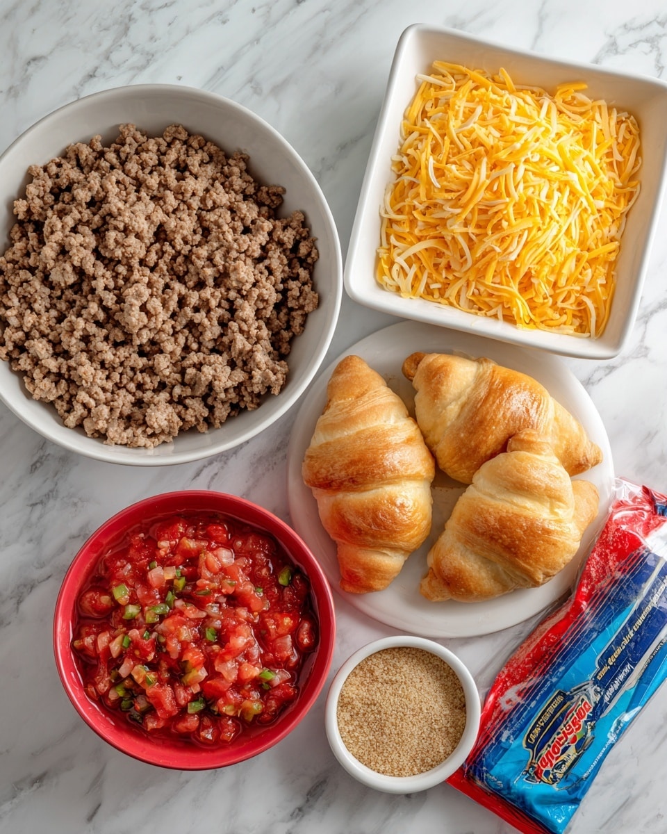 The image shows five items set on a white marbled surface: a white bowl on the left filled with cooked ground meat that is crumbly and light brown, a white square bowl on the top right full of shredded yellow cheese with fine, thin strands, a small white bowl below it containing light brown finely crushed crumbs, a small red bowl in the front center with bright red chunky salsa mixed with bits of green pepper, and a blue and red packaged roll of crescents placed on the far right. All items are neat and clearly separated from each other photo taken with an iphone --ar 4:5 --v 7