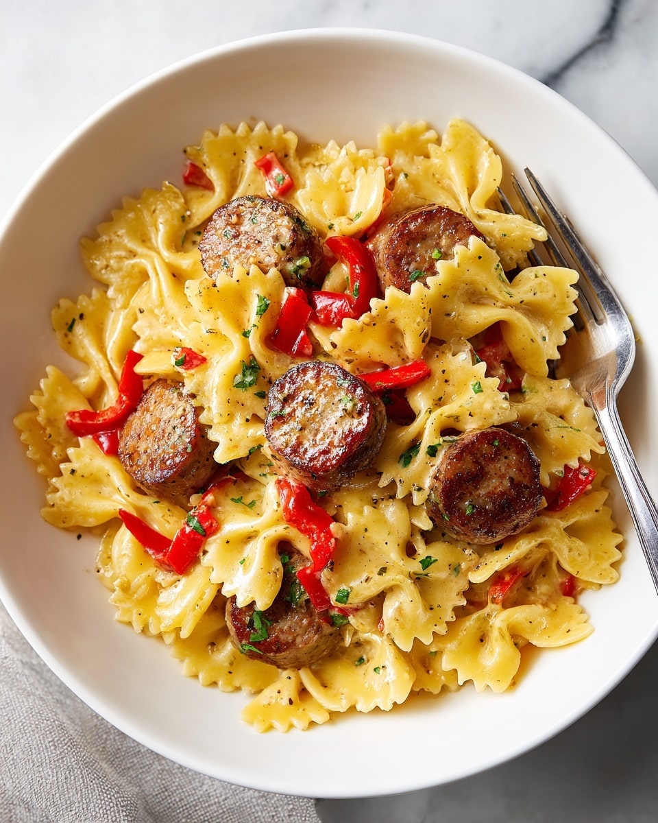 A white bowl filled with creamy pasta showing three main layers: the base layer is bowtie-shaped pasta in pale yellow; the middle layer includes slices of browned sausage with a firm texture; the top layer is a cheese sauce with a smooth, slightly glossy texture and small bits of red bell peppers mixed throughout, covering the pasta and sausage evenly. The bowl sits on a white marbled surface, and a silver fork is partially inserted on the right side. Photo taken with an iphone --ar 4:5 --v 7