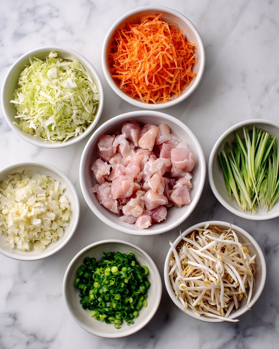 The image shows six small white bowls arranged on a white marbled surface, each filled with a different ingredient. In the center is a bowl of pink raw chicken pieces. Surrounding it are five other bowls: bright orange shredded carrot at the top left, chopped pale green cabbage at the bottom left, minced white garlic at the top center, long green sliced green onions at the top right, and light beige bean sprouts at the bottom right. Each bowl is clearly separated, showing the fresh textures and colors of the ingredients. photo taken with an iphone --ar 4:5 --v 7