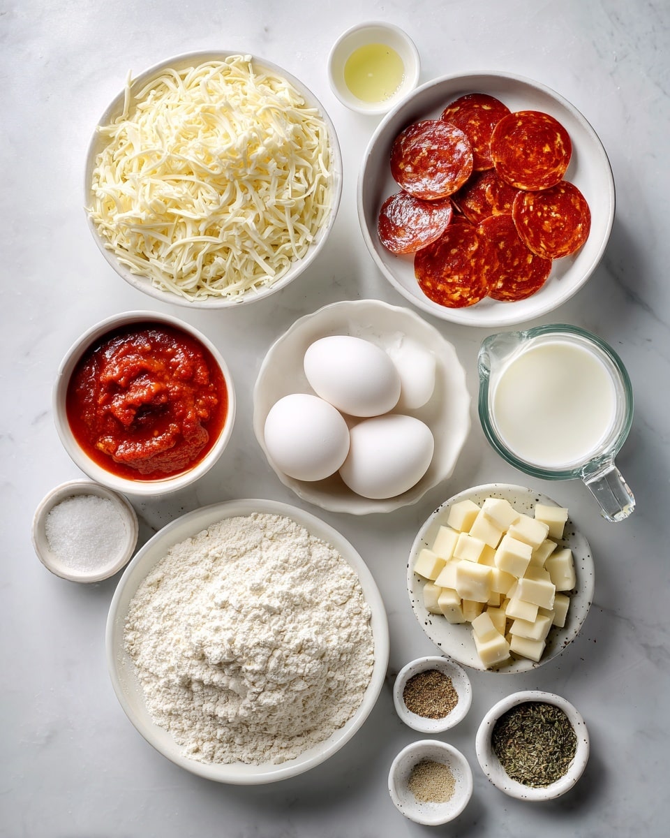 An overhead view shows ingredients arranged neatly on a white marbled surface. There are small white bowls and dishes containing layers of different ingredients: one bowl with shredded pale yellow mozzarella cheese, another with bright red mini pepperoni slices, and one with orange-red pizza sauce. A clear glass measuring cup holds white milk, while two white eggs rest on a small white speckled plate. There is a bowl of white all-purpose flour with a soft powder texture, and a smaller white bowl filled with light yellow Parmesan cheese powder. Cubes of light yellow mozzarella cheese are in another white bowl. Other small white dishes contain golden oil, white baking powder, white salt, light beige garlic powder, green dried oregano, and ground black pepper. The bowls and dishes create a clean and organized feel with varying textures and muted colors. Photo taken with an iphone --ar 4:5 --v 7