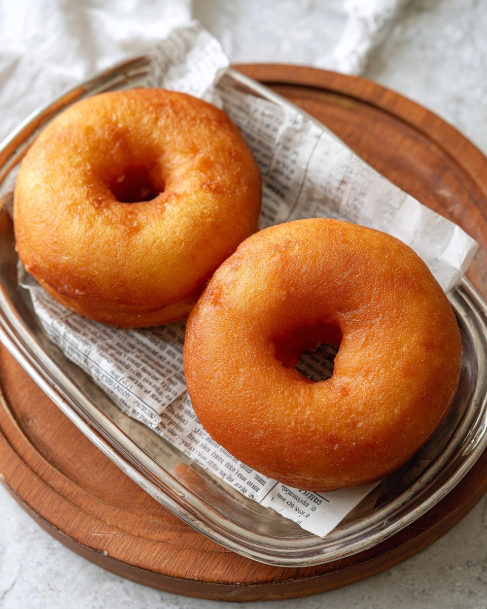 There are four golden brown fried donuts with a rough, crispy texture stacked in two pairs on white paper that looks like newspaper, placed inside a white tray on a dark wood surface. In the background, there is a clear glass jar with dried flowers, a white candle in a clear glass holder, and a black and beige pot sitting on a wooden board. The lighting is soft and natural, showing warm tones on the donuts and surrounding objects. Photo taken with an iphone --ar 4:5 --v 7