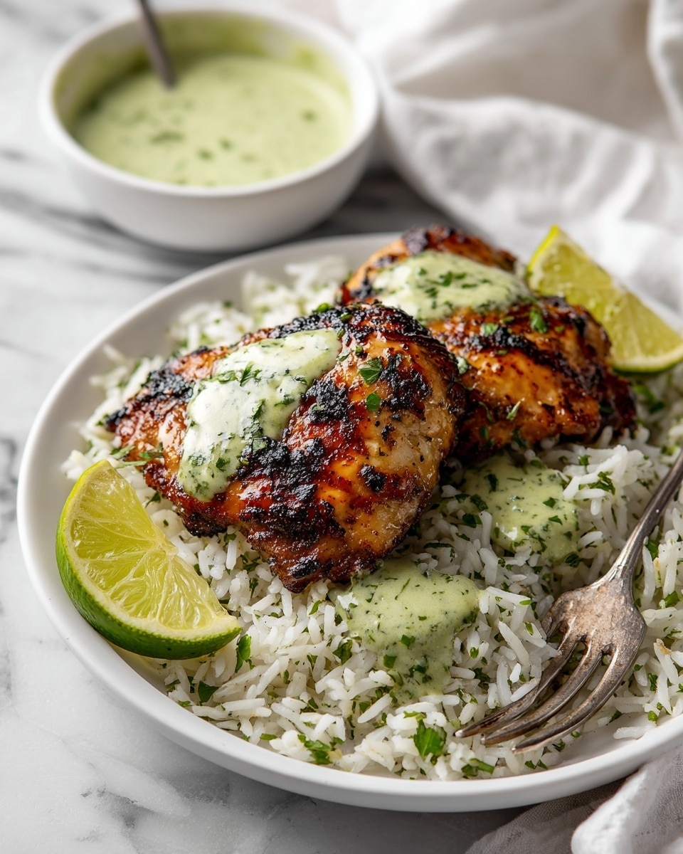 Two well-grilled pieces of dark brown chicken rest on a bed of white rice mixed with green herbs in a white plate. A creamy green sauce is drizzled over the chicken and rice. A lime wedge, showing juicy green flesh, is placed near the chicken on the rice. A silver fork with some green sauce on it is on the bottom right edge of the plate. In the background, a small white bowl filled with more green sauce is slightly blurred. The whole scene sits on a white marbled surface with a white cloth partially visible near the bottom right corner. Photo taken with an iphone --ar 4:5 --v 7
