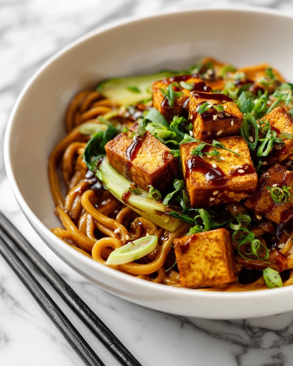 The image shows a white bowl filled with a noodle dish, featuring several layers: at the bottom, there are flat, light brown noodles coated in a sauce. Mixed throughout are green vegetables, including chopped scallions and herbs, adding a fresh touch. On top, there are browned, slightly charred tofu cubes with a crispy texture and rich golden-brown color. Small dark reddish-brown charred bits are scattered over the dish, likely from the sauce or seasoning. A pair of dark wooden chopsticks rest inside the bowl on the left side. The bowl sits on a white marbled surface. Photo taken with an iphone --ar 4:5 --v 7