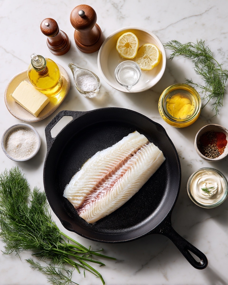 A black cast iron skillet sits on a white marbled surface, holding a white oval dish with a raw white fish fillet that has faint pink lines and texture. Next to the fish inside the skillet, there is a small glass measuring cup filled with white liquid, a bright yellow lemon, a clear glass bowl with a light liquid and green dill sprigs inside. Outside the skillet on the white marbled surface are a small bowl with two rectangular pats of butter, a wooden pepper grinder, two small nutmeg seeds, a small bowl with white powder, a jar of bright yellow mustard with a green cap, a container of sour cream, a bottle of dark brown Worcestershire sauce, a jar of paprika, and fresh green dill. photo taken with an iphone --ar 4:5 --v 7