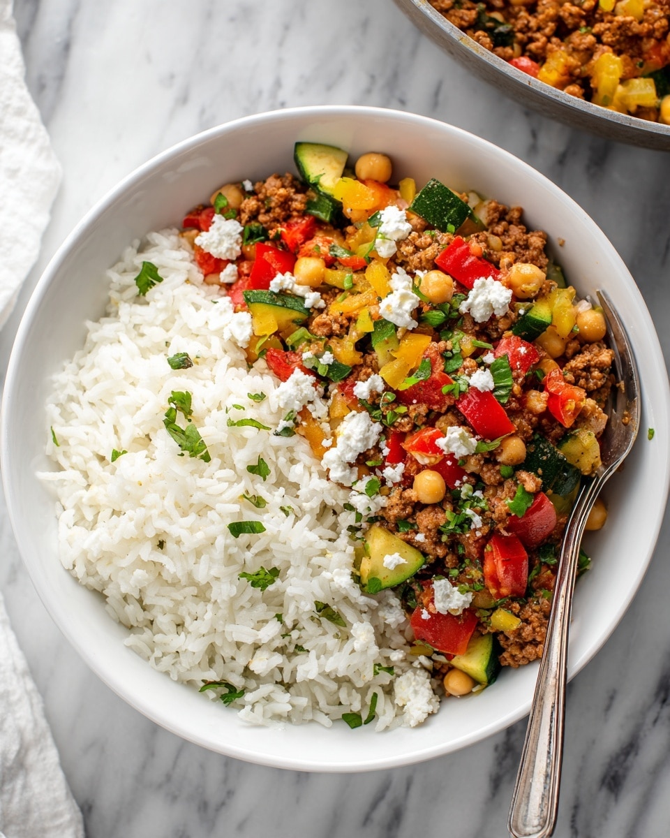 A white bowl holds two main layers: on the right side, plain cooked white rice with a soft, fluffy texture and a small silver fork partly buried in the rice; on the left side, a colorful mix of cooked vegetables and ground meat containing red and yellow bell peppers, chickpeas, diced zucchini, diced tomatoes, and finely chopped green onions, all covered with small green herb leaves and crumbled white cheese pieces, creating a vibrant and chunky texture; the bowl sits on a white marbled surface with a metal pan partially visible in the background; photo taken with an iphone --ar 4:5 --v 7