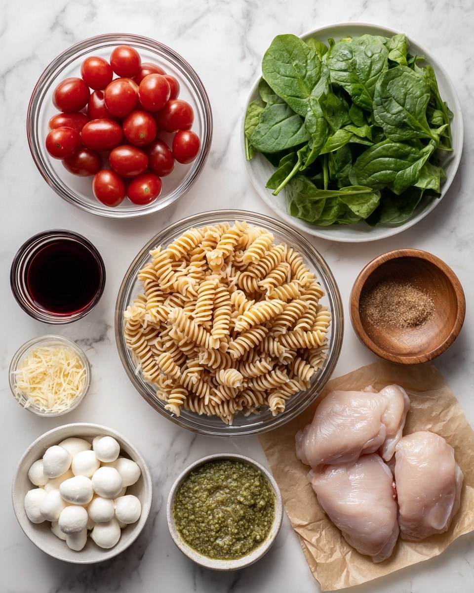 The image shows multiple clear and white dishes on a white marbled surface with cooking ingredients arranged neatly. In the center is a large clear bowl filled with spiral-shaped light beige pasta. Above it are a small wooden bowl with light brown garlic powder and a white plate with fresh green baby spinach leaves. To the left of the pasta bowl, there is a medium clear bowl holding red shiny grape-shaped cherry tomatoes, with a smaller clear bowl below it containing green pesto sauce with a rough texture. Below these, a white bowl is filled with small white mozzarella balls. To the right side, on the white marbled surface, there are two raw light pink chicken pieces resting on a piece of brown parchment paper. Near them, a small white bowl contains light yellow grated Parmesan cheese. At the bottom center, there is a small clear container with dark reddish liquid red wine vinegar. All the ingredients are presented clearly with natural lighting, and the overall setup is clean and well-organized. photo taken with an iphone --ar 4:5 --v 7