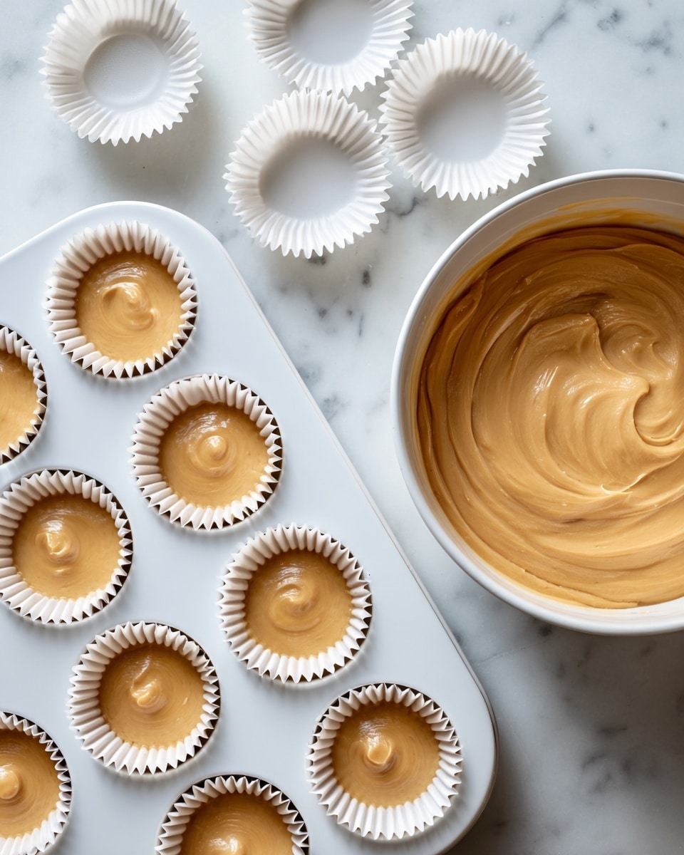 A white tray holds six white paper liners filled with light brown cupcake batter, each liner evenly spaced in the tray’s circular compartments. To the right side of the tray, there is a large white bowl filled with the same light brown batter, showing a smooth and creamy texture. Several empty white paper liners are scattered on the white marbled surface around the tray. The overall scene shows a clean and simple baking setup with soft, natural lighting. photo taken with an iphone --ar 4:5 --v 7