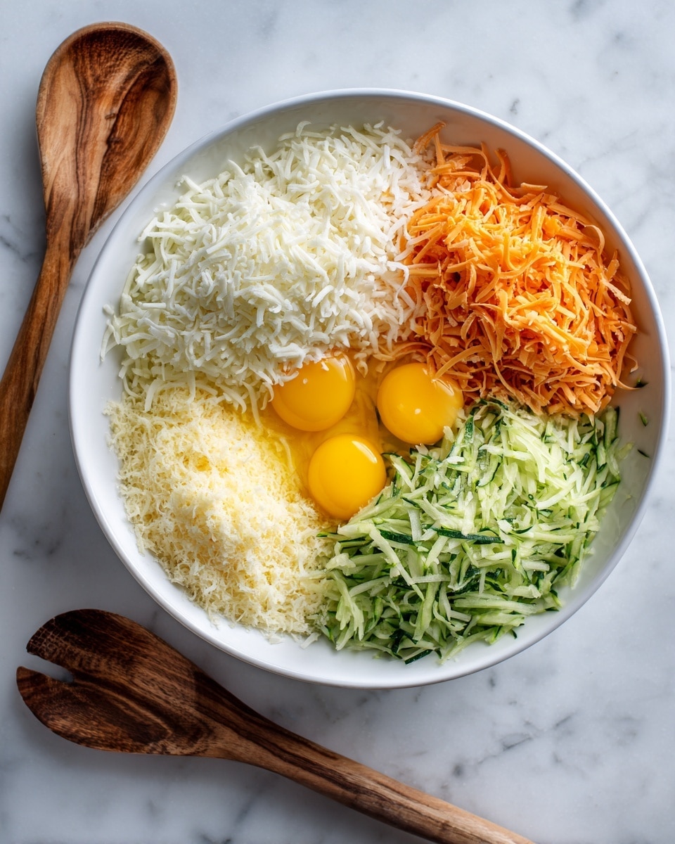 A top view of a white bowl on a white marbled surface filled with five separated ingredients arranged like pie slices: shredded white cheese at the top left, shredded orange cheese at the top right, two raw yellow egg yolks with clear egg whites next to the orange cheese on the right, grated green zucchini at the bottom left, and fine grated pale yellow cheese at the bottom right. A wooden spoon with visible grain texture lies flat next to the bowl on the left side. photo taken with an iphone --ar 4:5 --v 7