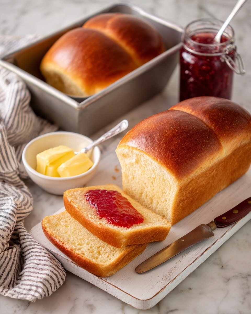 A freshly baked loaf of bread with a golden brown crust sits in a gray baking pan. The loaf has a smooth, slightly domed top with a soft texture visible around the edges. The pan rests on a white and blue checkered cloth that lies on a wooden table. In the background, there is a glass jar filled with honey and a wooden honey dipper, as well as a smaller glass jar with red jam. The background wall is light beige with some texture, and the surface underneath everything is a white marbled texture. Photo taken with an iphone --ar 4:5 --v 7