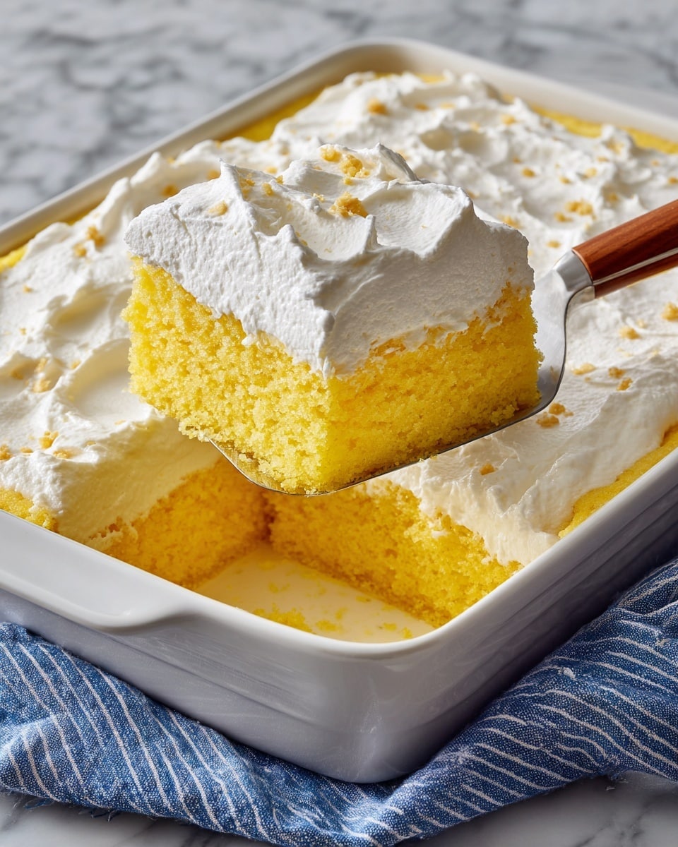 The image shows two square pieces of yellow cake with a thick layer of light cream frosting on top, sitting on a white plate with a decorative edge. One piece is whole, and the other piece has a small corner broken off to show the soft, moist texture inside. A silver fork lies on the plate near the broken piece. In the background, two white cups filled with dark liquid are placed on a white marbled surface, and a light-colored cloth is softly blurred behind them. The lighting is natural and soft, highlighting the creamy texture of the frosting and the crumbly cake underneath. photo taken with an iphone --ar 4:5 --v 7