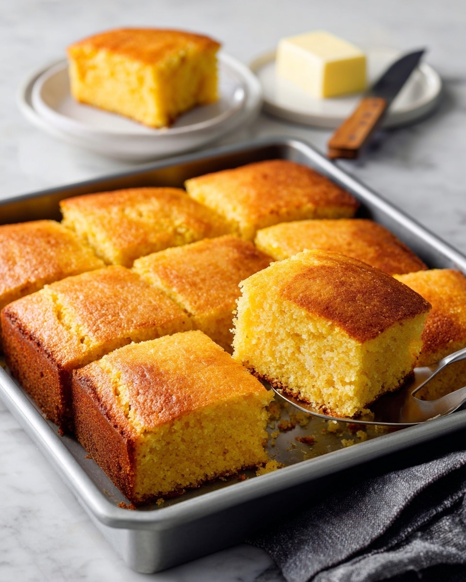 A baking pan filled with several square pieces of golden yellow cornbread, each piece showing a soft, moist texture inside with a slightly browned crust on top. Two squares are lifted and positioned on top of the rest, showing more of the crumbly inside. In the background, there is a white plate holding a single square of cornbread, resting on a white marbled surface. Photo taken with an iphone --ar 4:5 --v 7