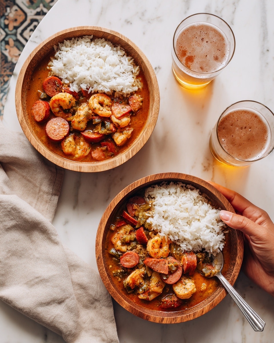 A round wooden bowl holds two main layers: on the left side, white cooked rice with fluffy, separated grains, and on the right side, a rich stew with three main parts. The stew layer has large shrimps that are light pink with a slight char, slices of reddish-brown sausage with visible spices, and chunks of golden-brown chicken pieces mixed with small bits of green bell pepper. The stew liquid is a warm orange-brown color that coats the ingredients, creating a glossy texture. The bowl is placed on a beige cloth with a white marbled surface in the background. photo taken with an iphone --ar 4:5 --v 7