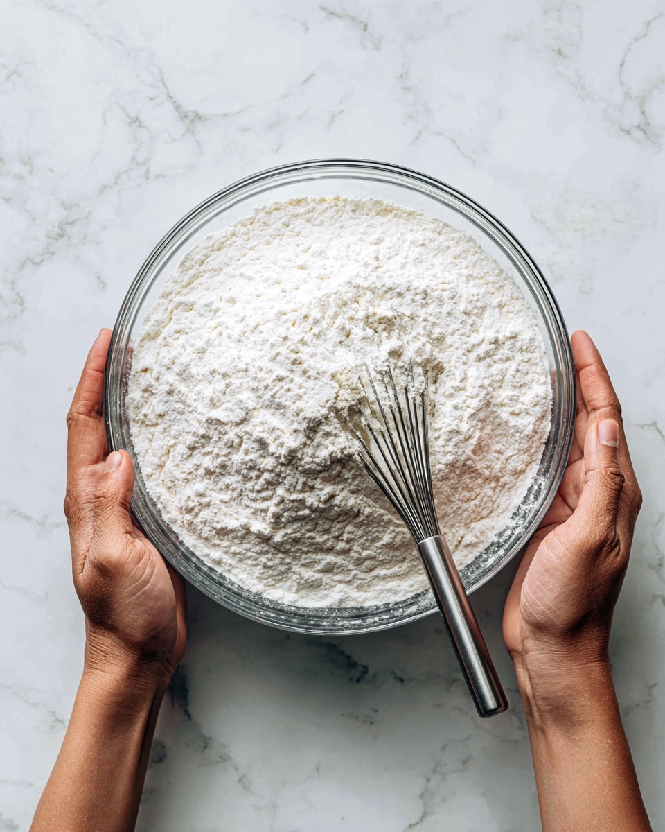 A clear glass bowl filled with a thick layer of white powdery flour is held by two hands on each side of the bowl, with a silver metal whisk lying on top of the flour in the center. The texture of the flour looks smooth and fine. The scene is set on a white marbled surface. Photo taken with an iphone --ar 4:5 --v 7