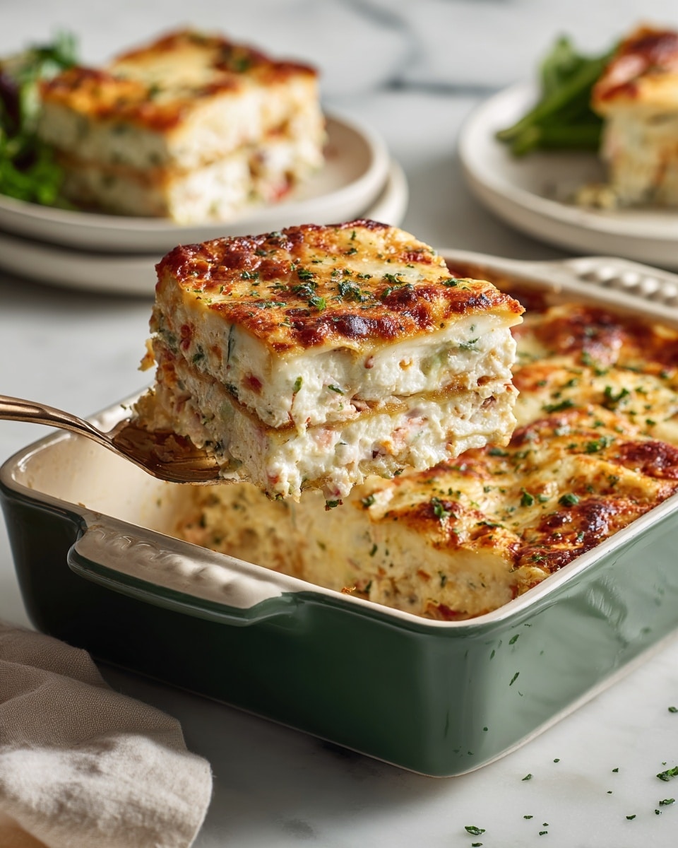 A white square piece of baked layered casserole is lifted slightly from a green rectangular baking dish, showing multiple layers: a golden-brown top layer with melted cheese and sprinkled green herbs, a creamy white middle layer with bits of red and white ingredients, and a soft pale base layer. The top layer has slight browning spots. Several other similar square pieces fill the dish. A white round plate with one piece on it and a small green vegetable side is placed nearby on a white marbled surface. The scene is lit softly, highlighting the food texture. Photo taken with an iphone --ar 4:5 --v 7