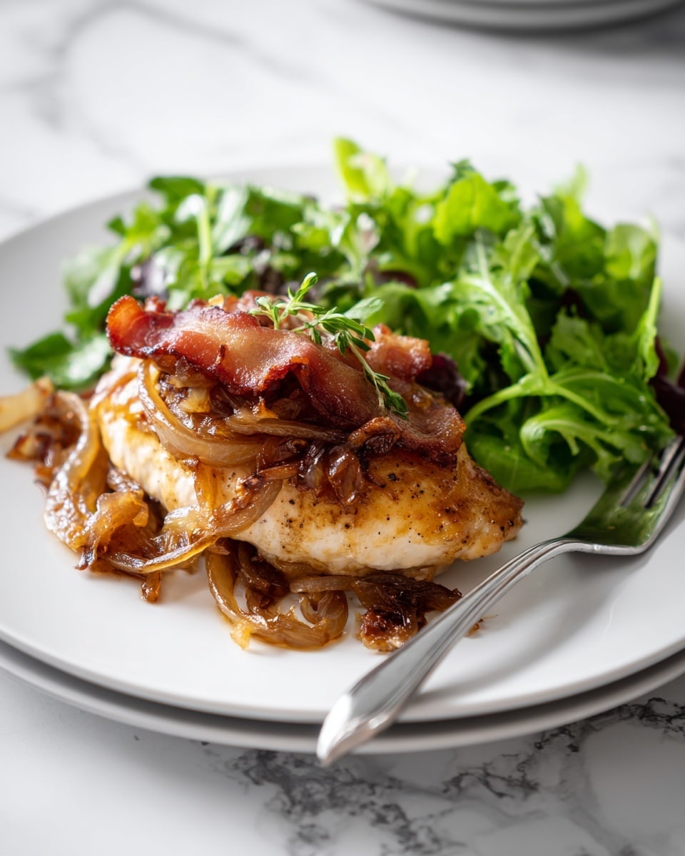 A white plate sits on a white marbled surface holding a dish with three main layers: at the bottom is a piece of cooked light brown chicken with some black pepper spots, on top of it are two curled strips of crispy reddish-brown bacon, and the top layer is a heap of soft, caramel-colored cooked onions. To the right side of the chicken is a small bunch of fresh dark green leafy salad. A silver fork rests next to the salad on the plate. In the blurred background, there is a clear bottle with yellow oil. photo taken with an iphone --ar 4:5 --v 7