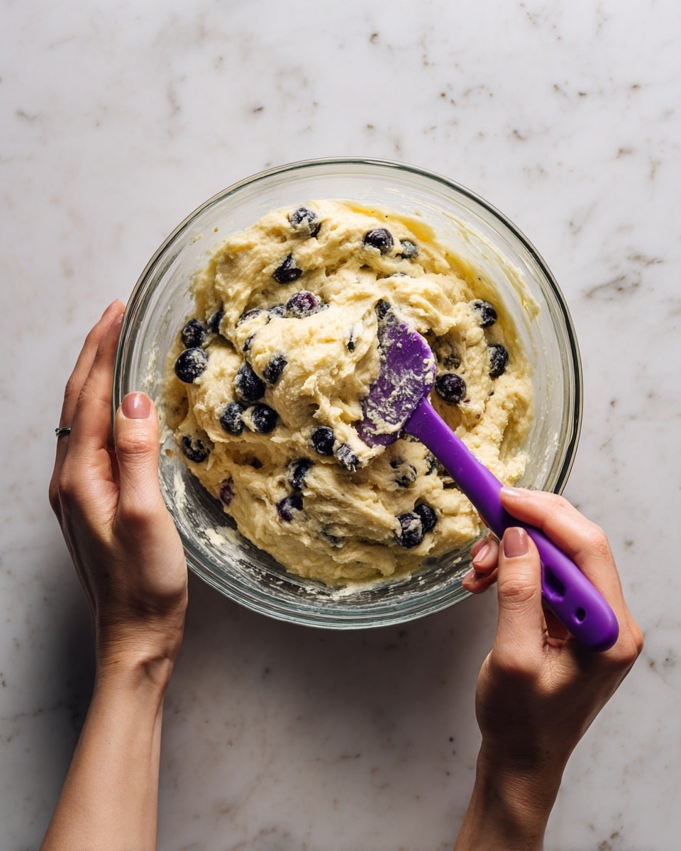 A clear glass bowl filled with thick, pale yellow batter mixed with black blueberries and small light brown chunks, held by a woman's hand on each side. A purple spatula rests inside the batter, partially covered. The bowl is placed on a white marbled texture surface. photo taken with an iphone --ar 4:5 --v 7