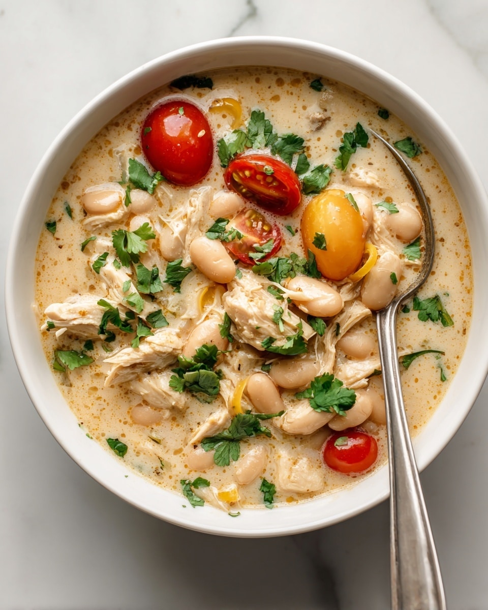 A white bowl filled with a thick, creamy soup containing chunks of light brown cooked chicken, white beans, and a few whole cherry tomato halves that are bright red. There are thin slices of yellow bell pepper and green cilantro leaves scattered on the top. A silver spoon rests inside the bowl, partially submerged in the soup, which sits on a white marbled surface. photo taken with an iphone --ar 4:5 --v 7