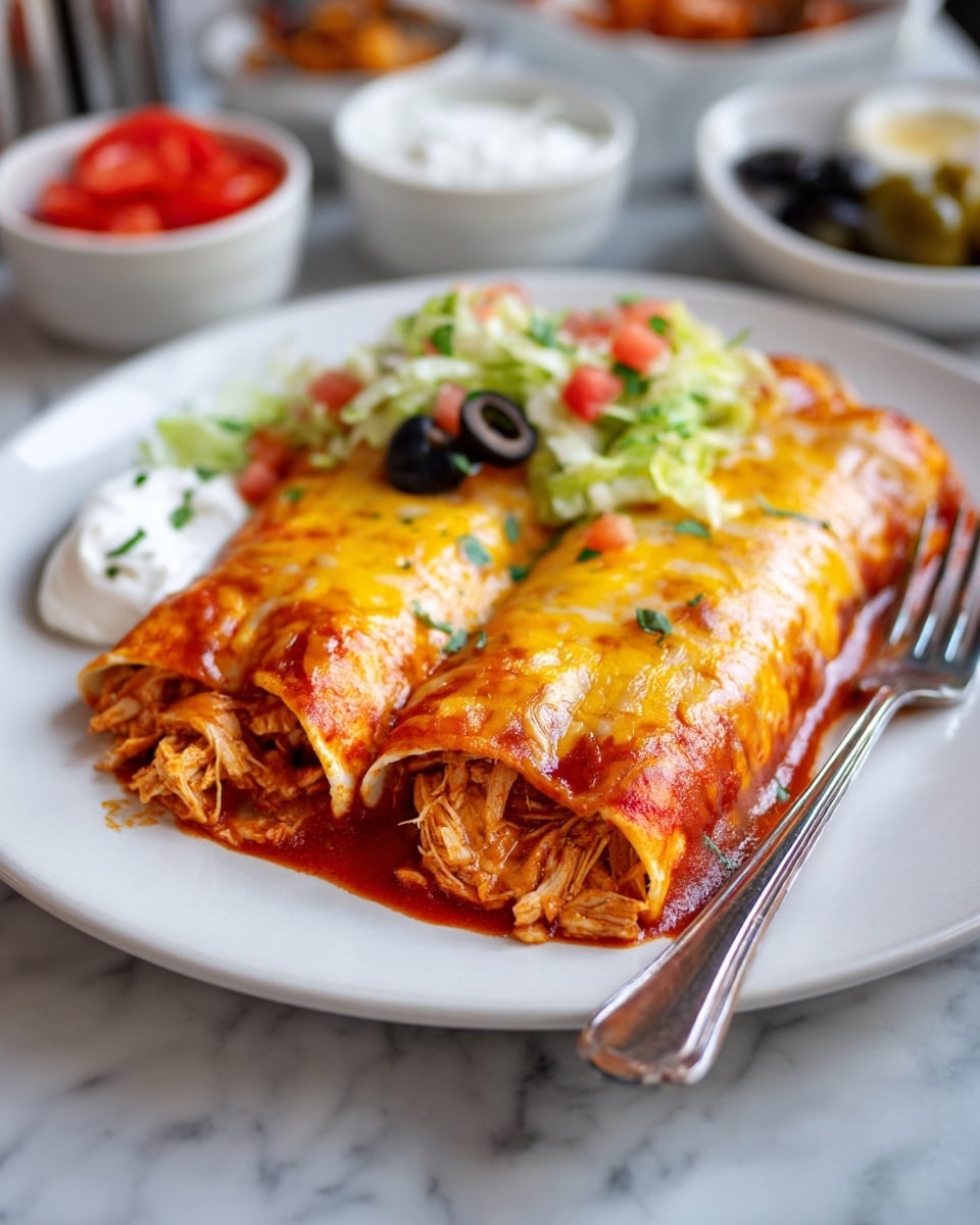 The image shows a white baking dish filled with eight rolled enchiladas placed close together. Each enchilada is covered with a bright red sauce and melted yellow and orange cheese on top, creating a textured, slightly bubbly surface. One enchilada has been taken out and placed on a white plate, topped with bright green shredded lettuce, small pieces of red tomato, black olive slices, and a dollop of white sour cream on the side. A silver spoon is on the left side of this plate. Another white plate in the top left corner has a slice of enchilada with melted cheese, and a woman's hand holds a fork above it. Around the plates are small white bowls filled with chopped green lettuce, white sour cream, and a mix of diced red tomato and black olives. The surface underneath all items is a white marbled texture with blue and beige tile patterns visible. photo taken with an iphone --ar 4:5 --v 7