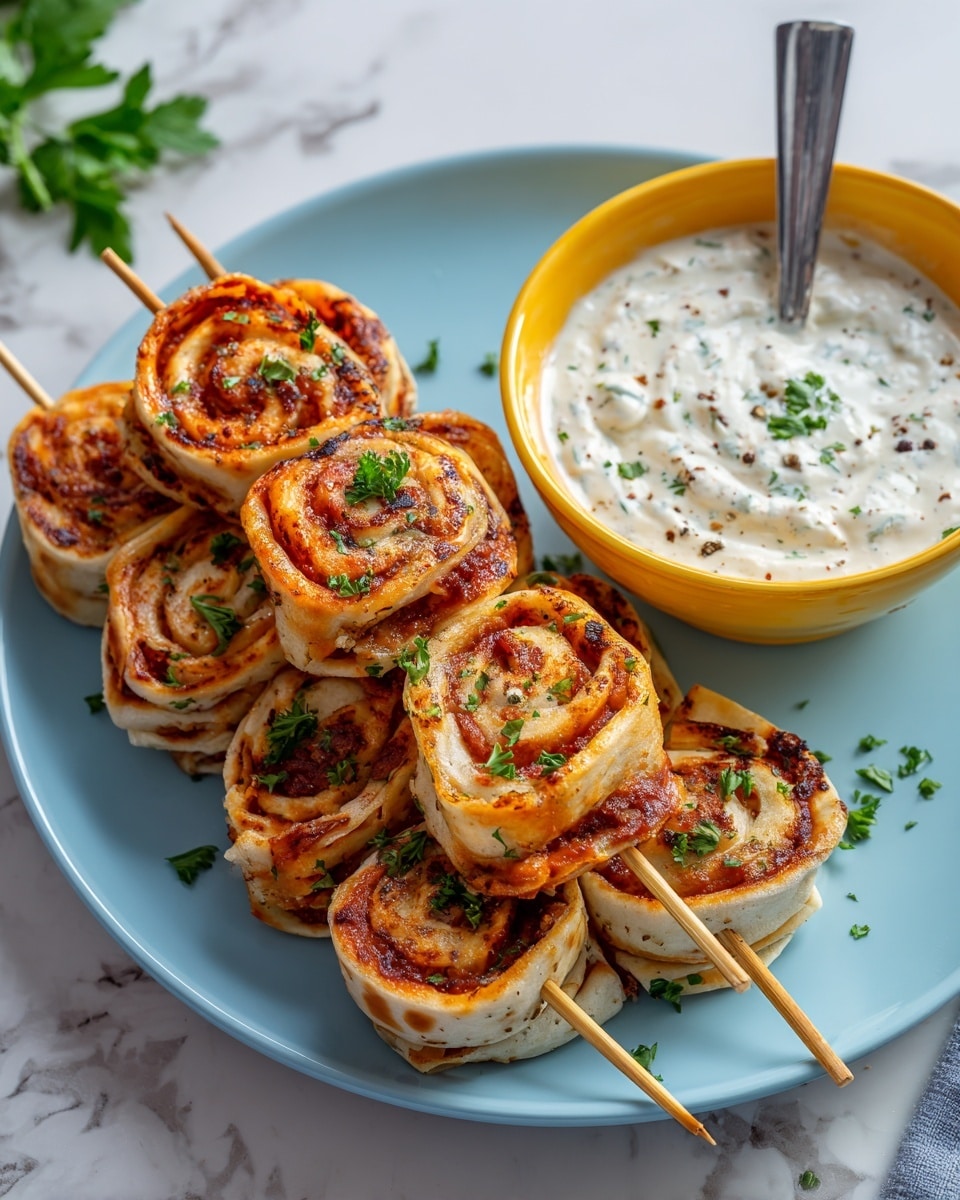 The dish shows five spiral rolls grilled to a golden brown, with visible dark brown grill marks and small green herb pieces sprinkled on top. Each roll is thick and stands upright in a row on a white plate. One roll is slightly broken open, revealing a creamy white sauce inside that spills onto the plate. Next to the rolls on the plate, there is a thick dollop of the same creamy sauce, dotted with small green herbs. A silver spoon with some of the sauce on it rests on the plate’s edge. The plate is placed on a white marbled surface with a soft cloth nearby. photo taken with an iphone --ar 4:5 --v 7