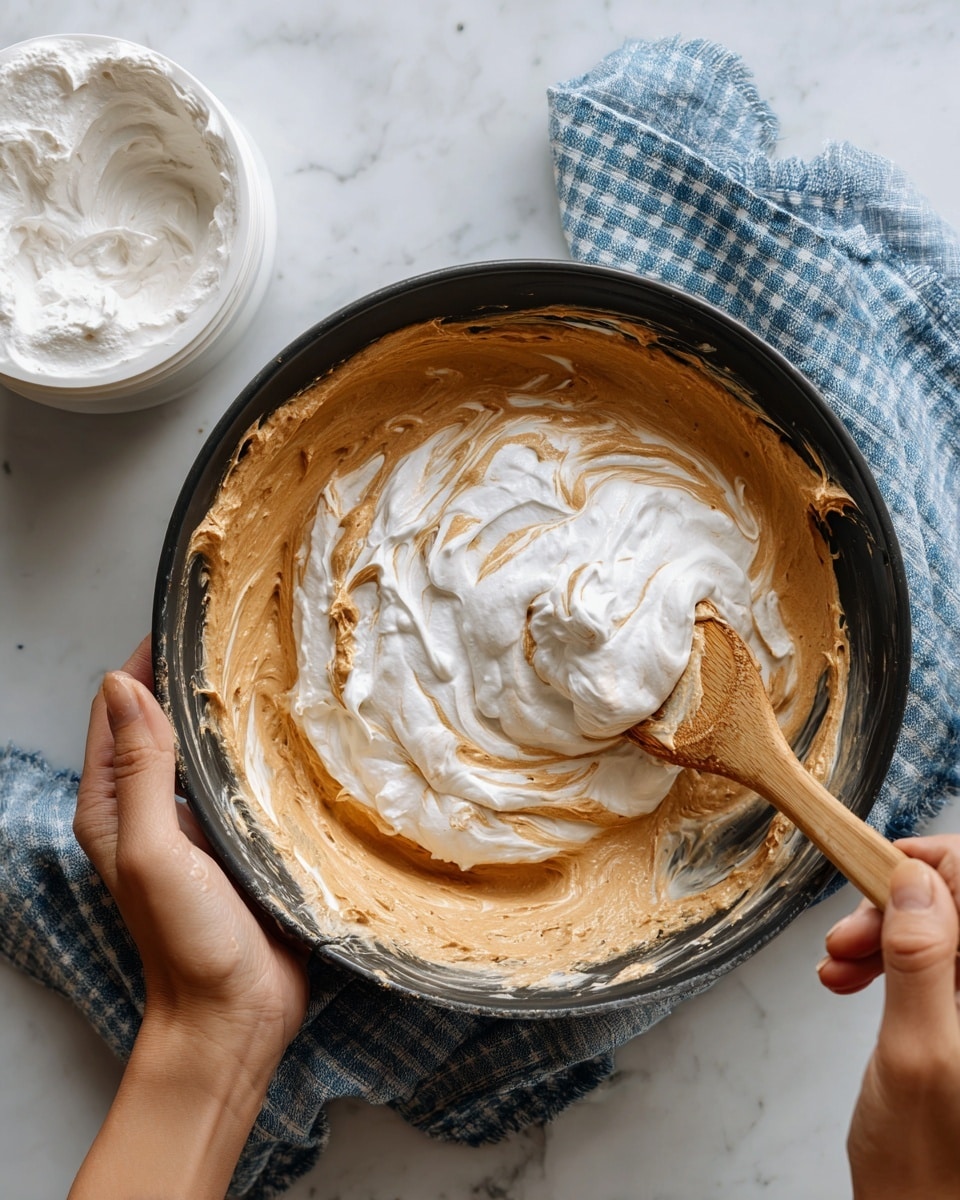 A black bowl sitting on a white marbled surface with a blue and white checkered cloth underneath holds a mix of two ingredients being blended. The mixture has two main layers: a thick, light brown cream and a fluffy white foam, swirled together with a wooden spoon held by a pair of woman's hands. A white container filled with white fluffy cream is placed nearby on the left. The texture inside the bowl shows smooth and airy parts with some splashes on the sides. Photo taken with an iphone --ar 4:5 --v 7