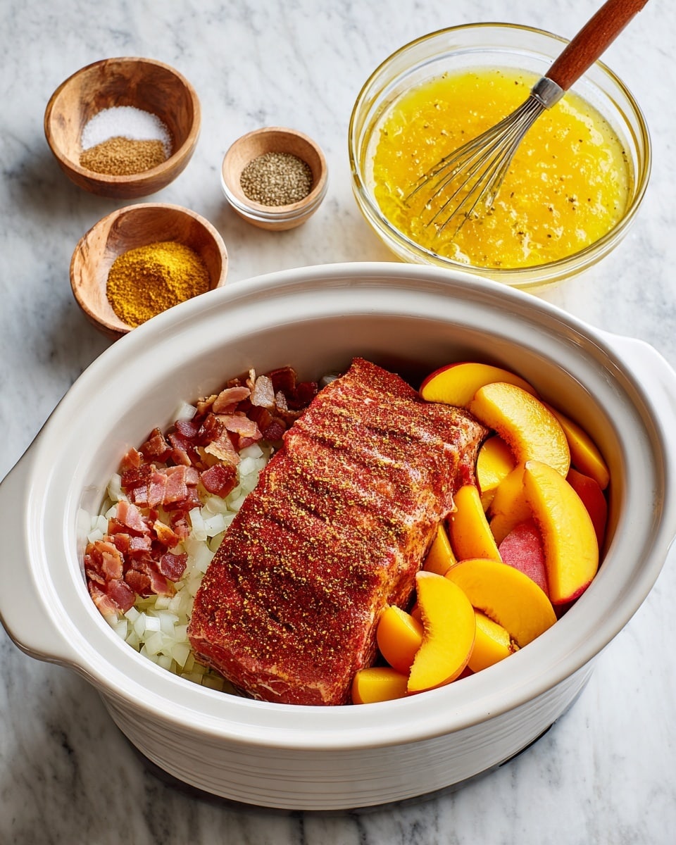 A round white slow cooker filled with three main layers: the bottom layer is chopped white onions spread evenly across the base, the middle layer is a large piece of meat with a smooth reddish spice coating, and the top layer combines small pieces of brown cooked bacon and bright yellow peach slices arranged on one side. Next to the slow cooker on a white marbled surface, a clear glass bowl holds a yellow chunky sauce with a wooden-handled whisk inside. Nearby there are two small bowls, one with coarse light brown seasoning and another with a white powder, each with small wooden spoons. Photo taken with an iphone --ar 4:5 --v 7