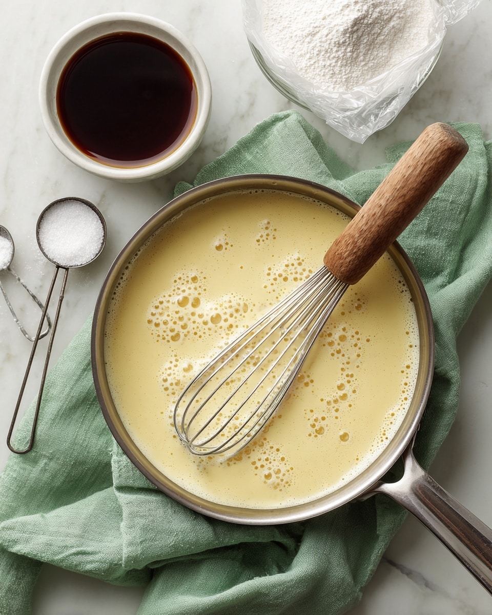 The image shows a metal pan filled with a light yellow creamy mixture with bubbles on the surface, and a white whisk resting inside the pan. The pan is placed on a soft green cloth on a white marbled surface. To the left, there is a small white bowl with dark brown liquid and a metal measuring spoon resting inside it. Above the bowl, there is a clear plastic bag with some white powder inside. Photo taken with an iphone --ar 4:5 --v 7
