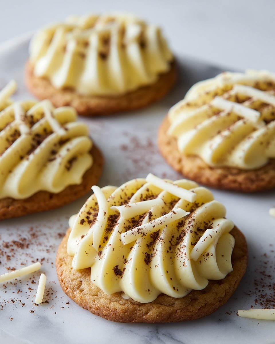 The image shows four round cookies placed on a white marbled surface, each topped with three thick lines of light yellow creamy frosting piped in a smooth, wave-like pattern covering most of the cookie's surface. The frosting is sprinkled with fine brown powder, and each cookie is garnished with thin white chocolate curls scattered delicately over the top. The overall colors include the light golden brown of the cookies, the pale yellow of the frosting, the white chocolate curls, and the light brown specks of powder. Photo taken with an iphone --ar 4:5 --v 7