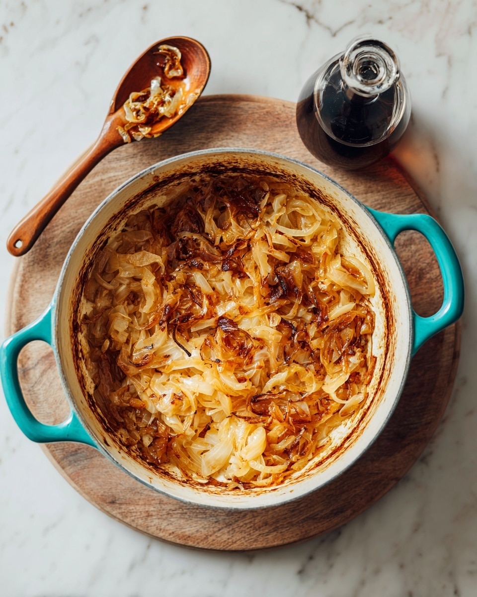 A turquoise pot with white inside filled with a layer of caramelized onions, golden brown and soft, spread unevenly at the bottom. The pot has two handles, and it sits on a round wooden board on a white marbled surface. Next to the pot, there is a wooden spoon with a bit of caramelized onion resting on it, and a small glass bottle with dark liquid and a black cap nearby. Photo taken with an iphone --ar 4:5 --v 7