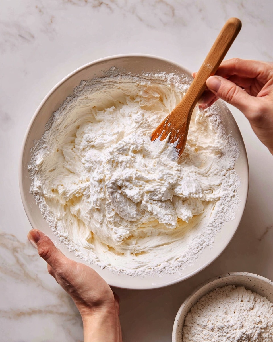 A close-up image shows a large white bowl filled with a thick, creamy white mixture and powdery white flour on top. A woman's hand is holding the bowl steady on the right side, while another woman's hand uses a wooden spatula with a brown silicone tip to fold the mixture gently. The bowl is placed on a white marbled surface with part of a smaller white bowl filled with flour visible in the lower right corner. The mixture has a soft, smooth texture with clusters of dry flour creating a layered look. Photo taken with an iphone --ar 4:5 --v 7