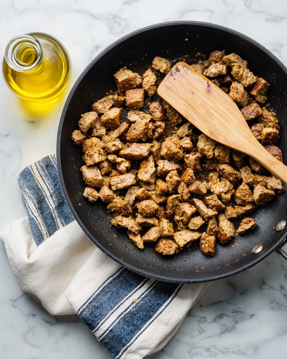 A black frying pan is filled with many small, cooked brown meat pieces that have a slightly crispy texture. A wooden spatula is placed inside the pan, stirring or lifting some pieces of meat. Next to the pan, there is a clear glass bottle with golden yellow oil. The pan rests on a white cloth with blue and grey stripes. The whole scene is set on a white marbled surface. Photo taken with an iphone --ar 4:5 --v 7