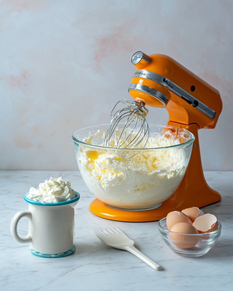 A clear glass mixing bowl sits on an orange stand mixer, filled with a creamy white mixture with some yellow lumps, with the mixer's metal whisk attachment partially coated in the mixture above it. Next to the mixer on a white marbled surface is a small white cup with a blue rim holding a dollop of white cream or sour cream, a white plastic spatula, and a clear small bowl with two cracked raw yellow and white eggs. Photo taken with an iphone --ar 4:5 --v 7