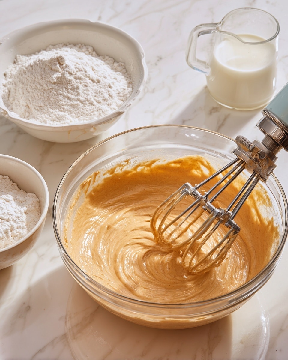 A clear glass mixing bowl filled with smooth, light brown batter sits on a white marbled surface. A metal electric mixer with two beaters, coated in batter, is inside the bowl, stirring the mixture. To the left, a white bowl holds white flour, and behind it is a glass measuring cup with white liquid, likely milk. The scene shows the preparation of a batter with a creamy texture and light, warm colors. Photo taken with an iphone --ar 4:5 --v 7