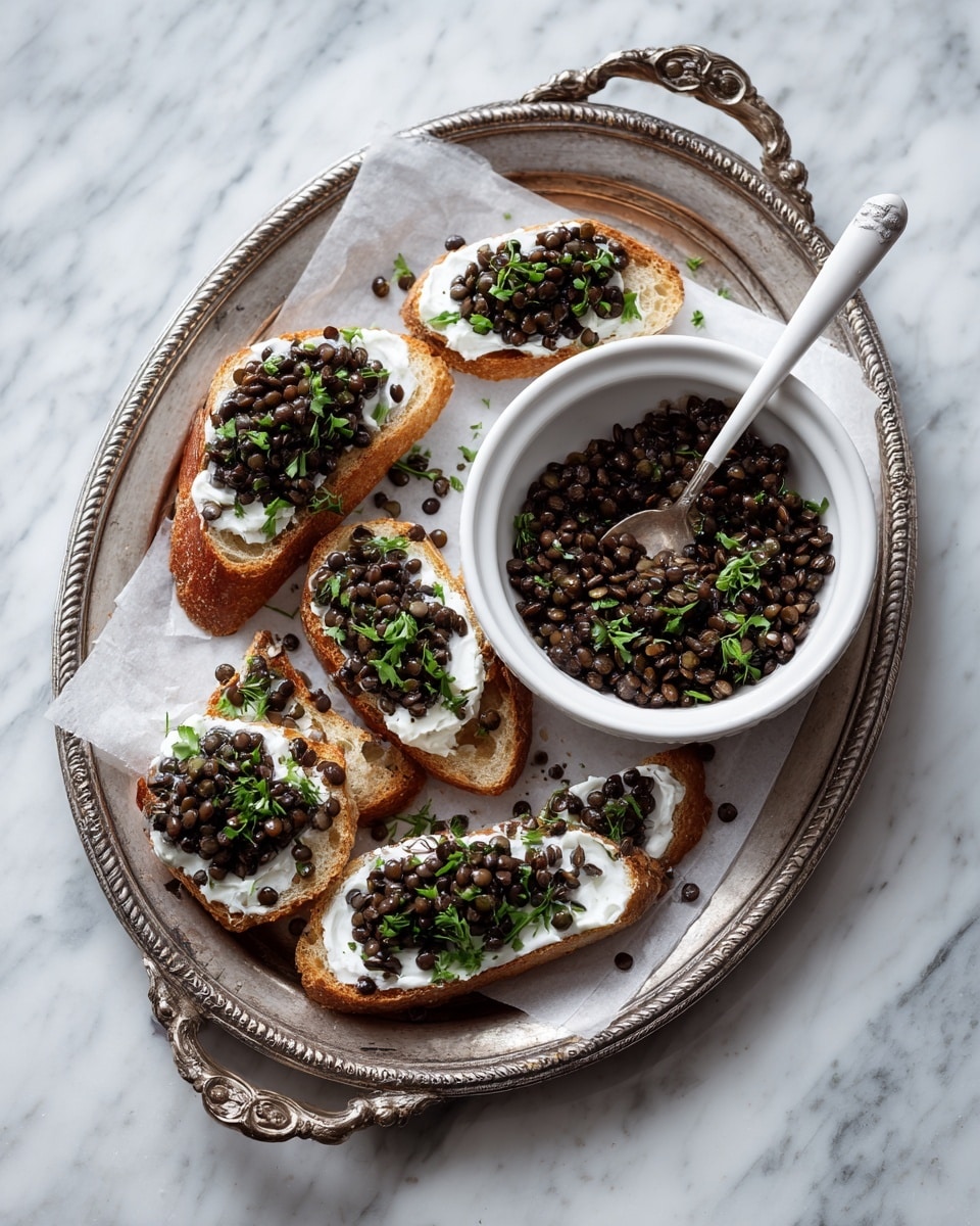 The image shows a round silver tray holding several pieces of sliced toasted bread topped with three layers: a golden crusty base, a smooth white creamy spread in the middle, and a dark, finely chopped topping with a slightly shiny texture. Small green onion pieces are sprinkled on top of each toast for color contrast. In the background, there is a white bowl with a blue stripe filled with the dark topping and a white spoon inside it. Extra toasted bread slices are stacked next to the bowl on a white marbled surface. The overall look is clean and inviting, with a light natural color scheme. photo taken with an iphone --ar 4:5 --v 7